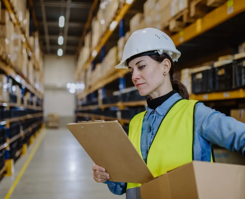 Warehouse female worker checking up stuff in a warehouse.